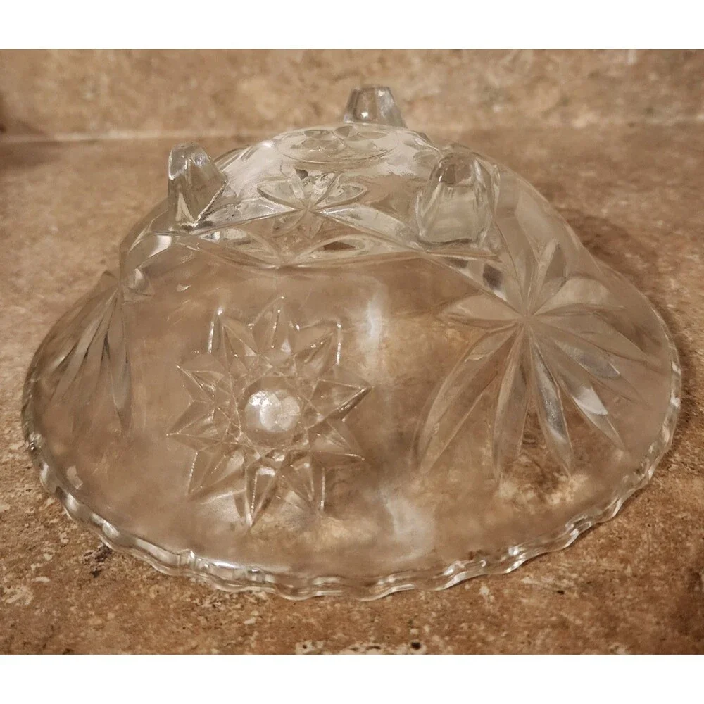 Vintage Candy Nut Bowl Clear Pressed Glass 3 Foot Starburst Sawtooth Rim